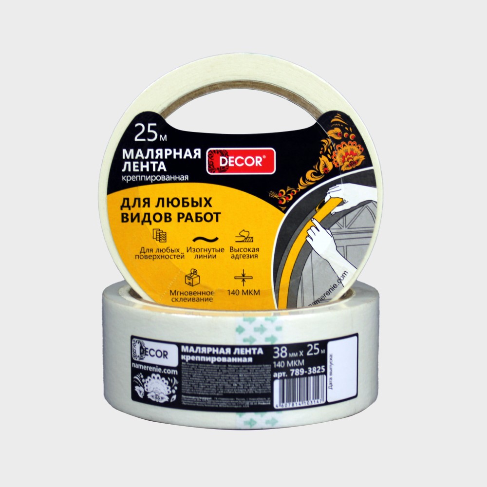 Малярная лента DECOR 19 мм х 25 м, креппированная. 140 мкм (135шт/кор) 789-1925